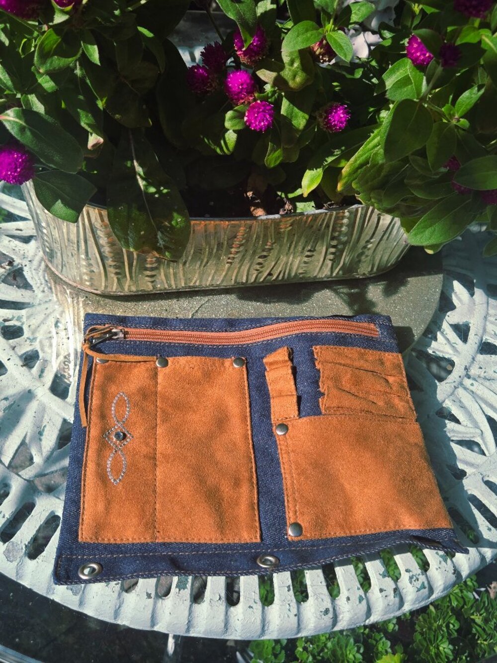 Boho Denim & Suede Multi-Pocket Pencil Pouch Zipper Utility Case Iridescent Deta